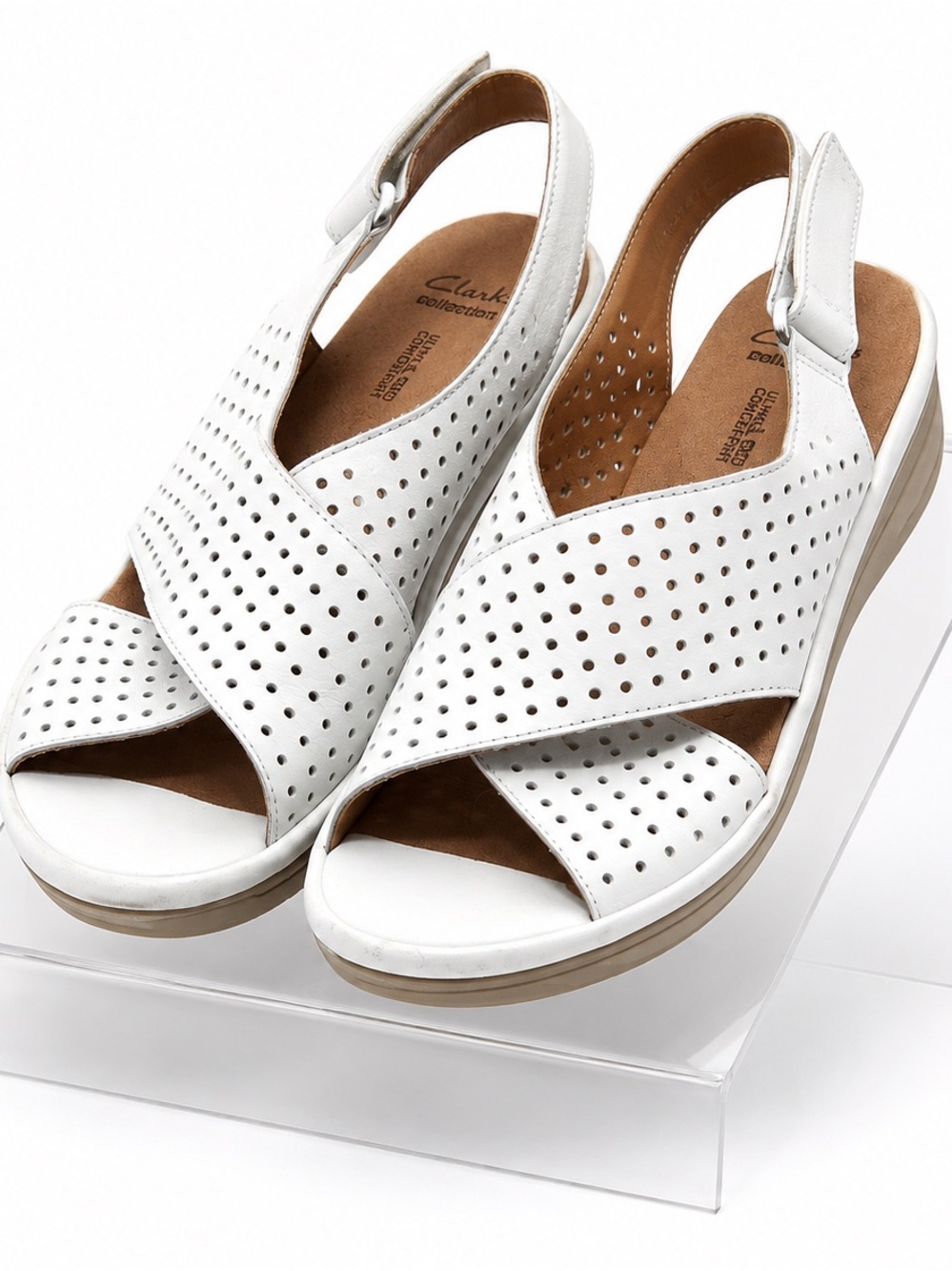 Clarks White Perforated Crisscross Slingback Sandals